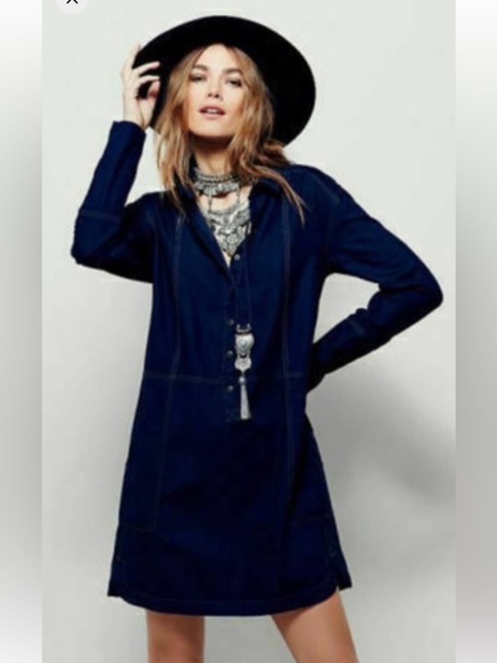 Free People Dark Indigo Denim Cotton Pocket Shirt Dress Size XS